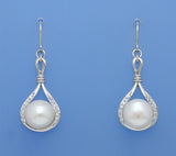 Sterling Silver Earrings with 11-11.5mm Button Shape Freshwater Pearl and Cubic Zirconia - Wing Wo Hing Jewelry Group - Pearl Jewelry Manufacturer