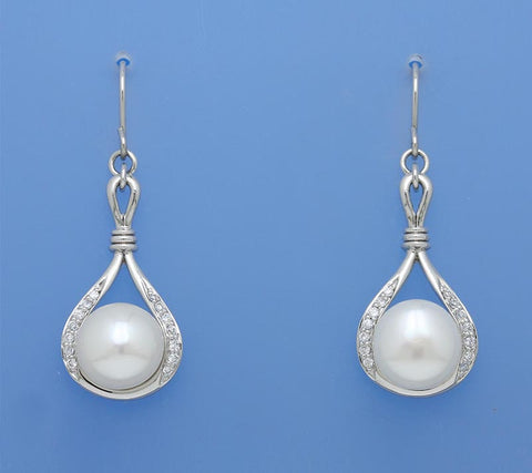 Sterling Silver Earrings with 11-11.5mm Button Shape Freshwater Pearl and Cubic Zirconia