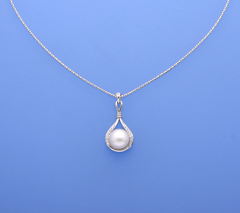 Sterling Silver Pendant with 11-11.5mm Button Shape Freshwater Pearl and Cubic Zirconia - Wing Wo Hing Jewelry Group - Pearl Jewelry Manufacturer