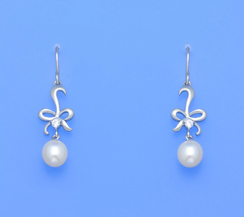 Sterling Silver Earrings with 7.5-8mm Drop Shape Freshwater Pearl and Cubic Zirconia - Wing Wo Hing Jewelry Group - Pearl Jewelry Manufacturer