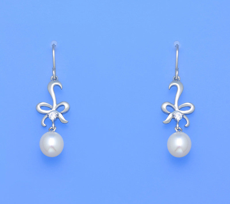 Sterling Silver Earrings with 7.5-8mm Drop Shape Freshwater Pearl and Cubic Zirconia - Wing Wo Hing Jewelry Group - Pearl Jewelry Manufacturer