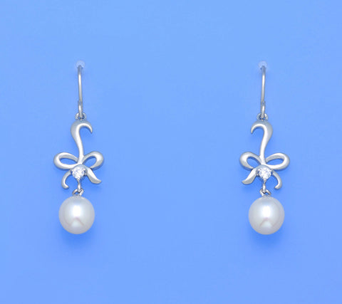 Sterling Silver Earrings with 7.5-8mm Drop Shape Freshwater Pearl and Cubic Zirconia