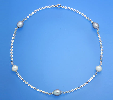 Sterling Silver Necklace with Potato and Oval Shape Freshwater Pearl