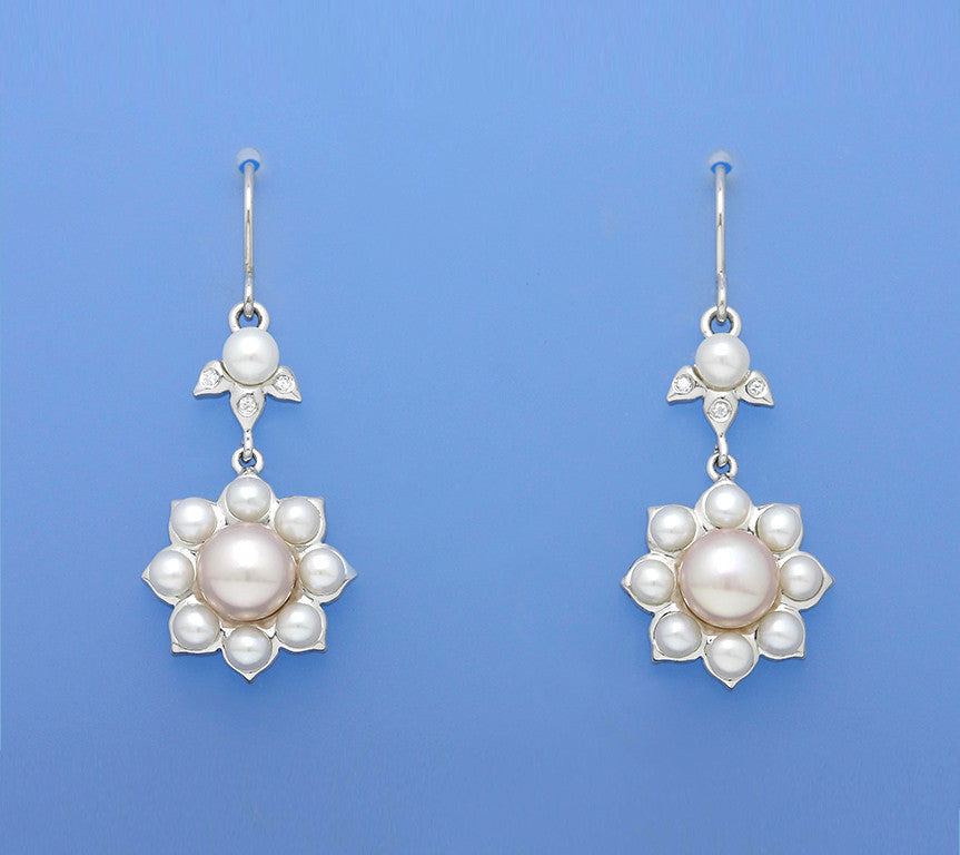 Sterling Silver Earrings with Button Shape Freshwater Pearl and Cubic Zirconia - Wing Wo Hing Jewelry Group - Pearl Jewelry Manufacturer