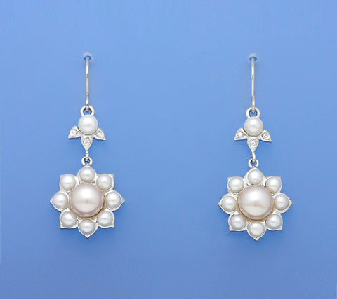 Sterling Silver Earrings with Button Shape Freshwater Pearl and Cubic Zirconia