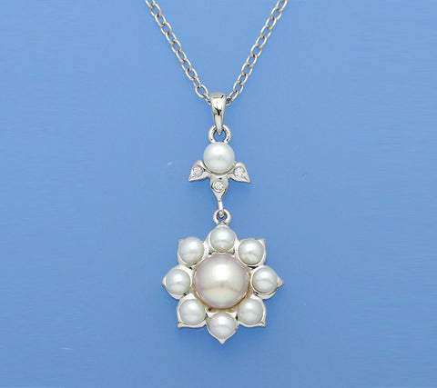 Sterling Silver Pendant with Button Shape Freshwater Pearl and Cubic Zirconia