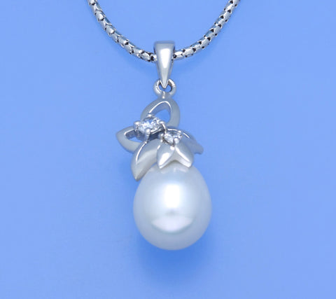 Sterling Silver Pendant with 8.5-9mm Drop Shape Freshwater Pearl and Cubic Zirconia