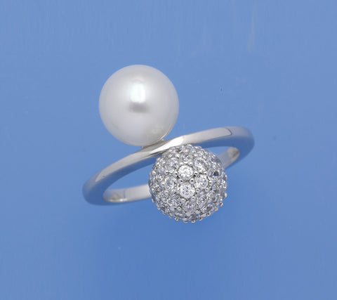 Sterling Silver Ring with 9.5-10mm Button Shape Freshwater Pearl and Cubic Zirconia