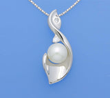Sterling Silver Pendant 9.5-10mm Button Shape Freshwater Pearl and Cubic Zirconia - Wing Wo Hing Jewelry Group - Pearl Jewelry Manufacturer