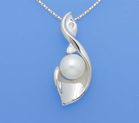 Sterling Silver Pendant 9.5-10mm Button Shape Freshwater Pearl and Cubic Zirconia