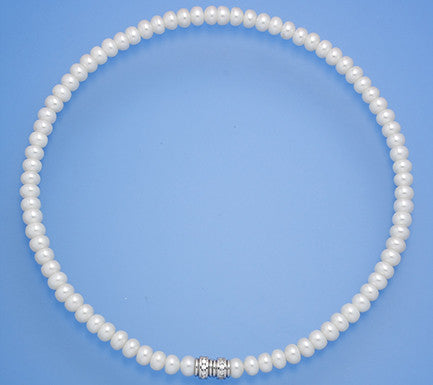 Sterling Silver Necklace with 7-7.5mm Button Shape Freshwater Pearl and Cubic Zirconia