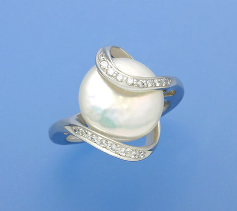 Sterling Silver Ring with 13-13.5mm Button Shape Freshwater Pearl and Cubic Zirconia