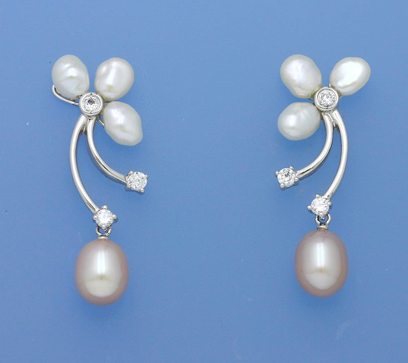 Sterling Silver Earrings with Drop and Keshi Freshwater Pearl and Cubic Zirconia - Wing Wo Hing Jewelry Group - Pearl Jewelry Manufacturer