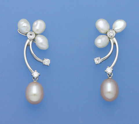 Sterling Silver Earrings with Drop and Keshi Freshwater Pearl and Cubic Zirconia