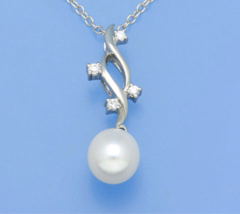 Sterling Silver Pendant with 9.5-10mm Drop Shape Freshwater Pearl and Cubic Zirconia