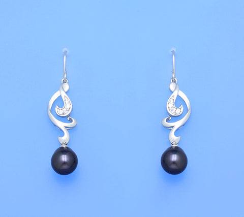 Sterling Silver Earrings with 9.5-10mm Drop Shape Freshwater Pearl and Cubic Zirconia