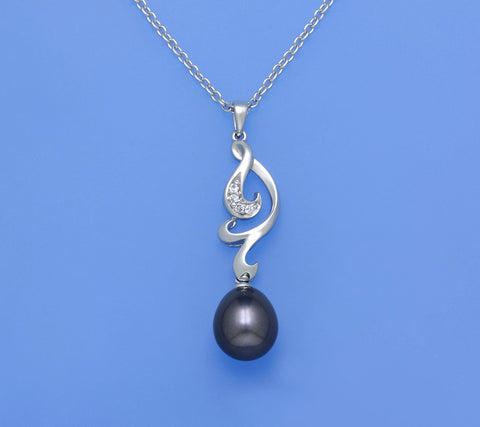 Sterling Silver Pendant with 10.5-11mm Drop Shape Freshwater Pearl and Cubic Zirconia