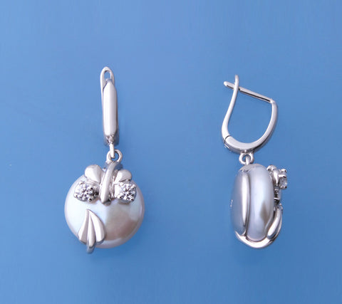 Sterling Silver Earrings with 12.5-13mm Button Shape Freshwater Pearl and Cubic Zirconia
