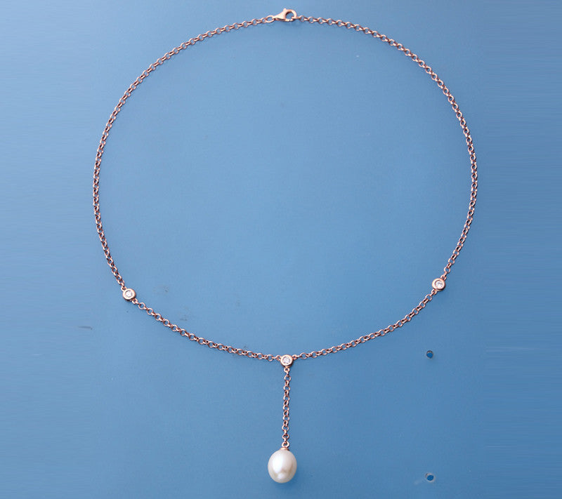 Rose Gold Plated Silver Pendant with 9.5-10mm Drop Shape Freshwater Pearl and Cubic Zirconia - Wing Wo Hing Jewelry Group - Pearl Jewelry Manufacturer