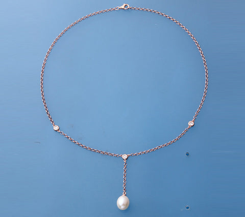 Rose Gold Plated Silver Pendant with 9.5-10mm Drop Shape Freshwater Pearl and Cubic Zirconia