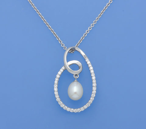 Sterling Silver Pendant with 8-8.5mm Drop Shape Freshwater Pearl and Cubic Zirconia