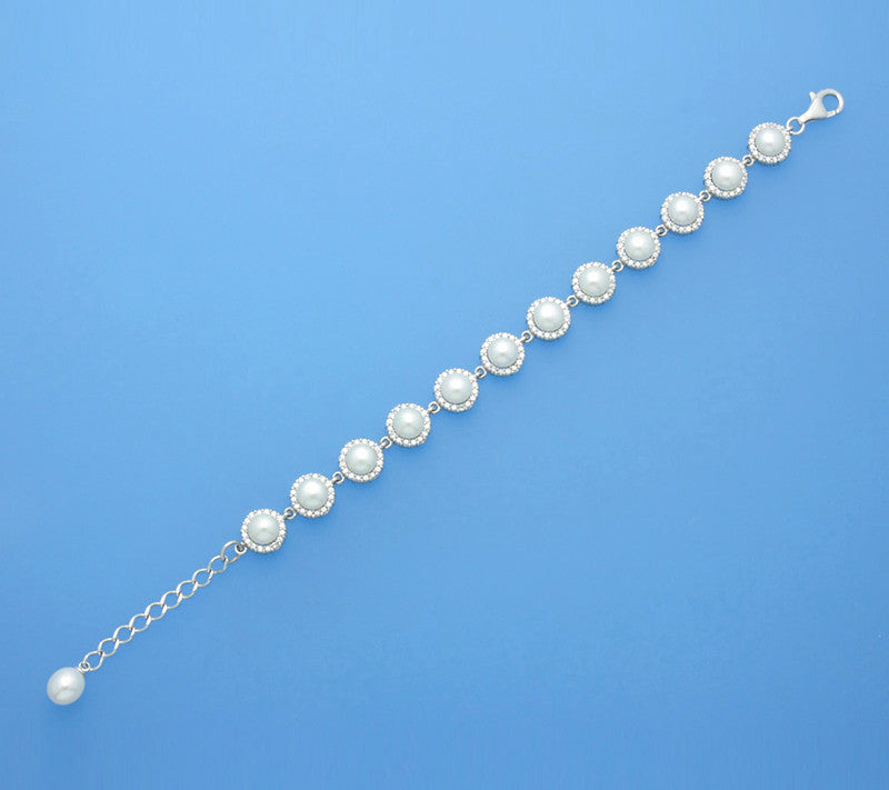 Sterling Silver Bracelet with Drop and Button Shape Freshwater Pearl and Cubic Zirconia - Wing Wo Hing Jewelry Group - Pearl Jewelry Manufacturer