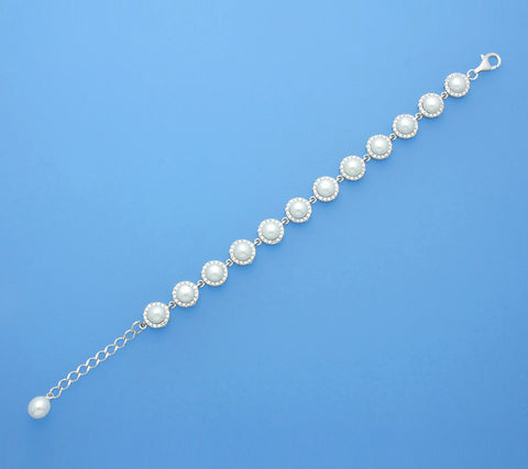 Sterling Silver Bracelet with Drop and Button Shape Freshwater Pearl and Cubic Zirconia
