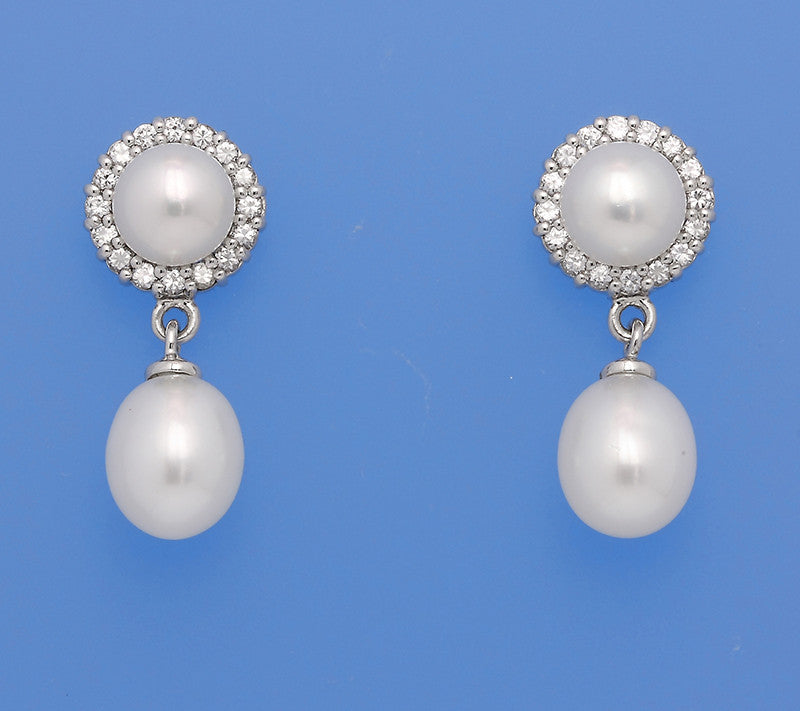 Sterling Silver Earrings with Drop and Button Shape Freshwater Pearl and Cubic Zirconia - Wing Wo Hing Jewelry Group - Pearl Jewelry Manufacturer