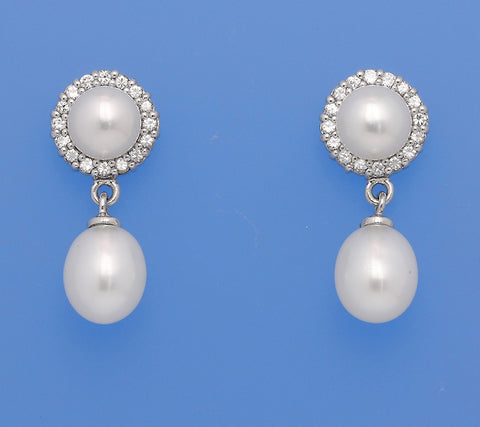 Sterling Silver Earrings with Drop and Button Shape Freshwater Pearl and Cubic Zirconia