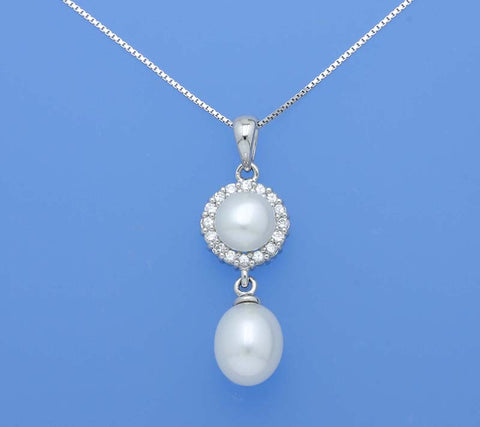 Sterling Silver Pendant with Drop and Button Shape Freshwater Pearl and Cubic Zirconia