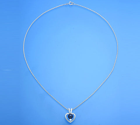 Sterling Silver Pendant with 6.5-7mm Button Shape Freshwater Pearl and Cubic Zirconia