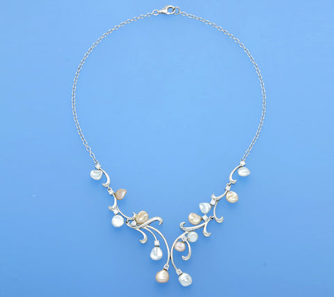 Sterling Silver Necklace with Keshi Shape Freshwater Pearl and Cubic Zirconia