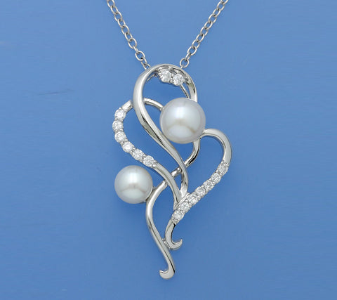 Sterling Silver Pendant with Button Shape Freshwater Pearl and Cubic Zirconia