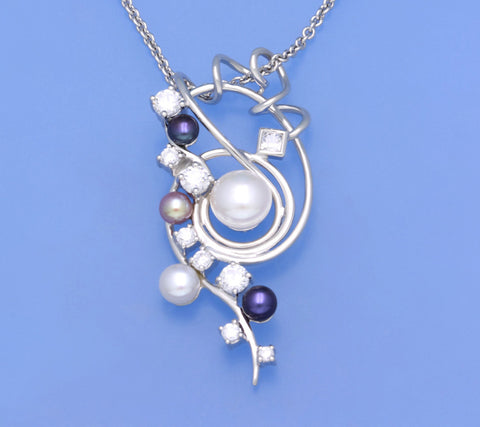 Sterling Silver Pendant with Button Shape Freshwater Pearl and Cubic Zirconia