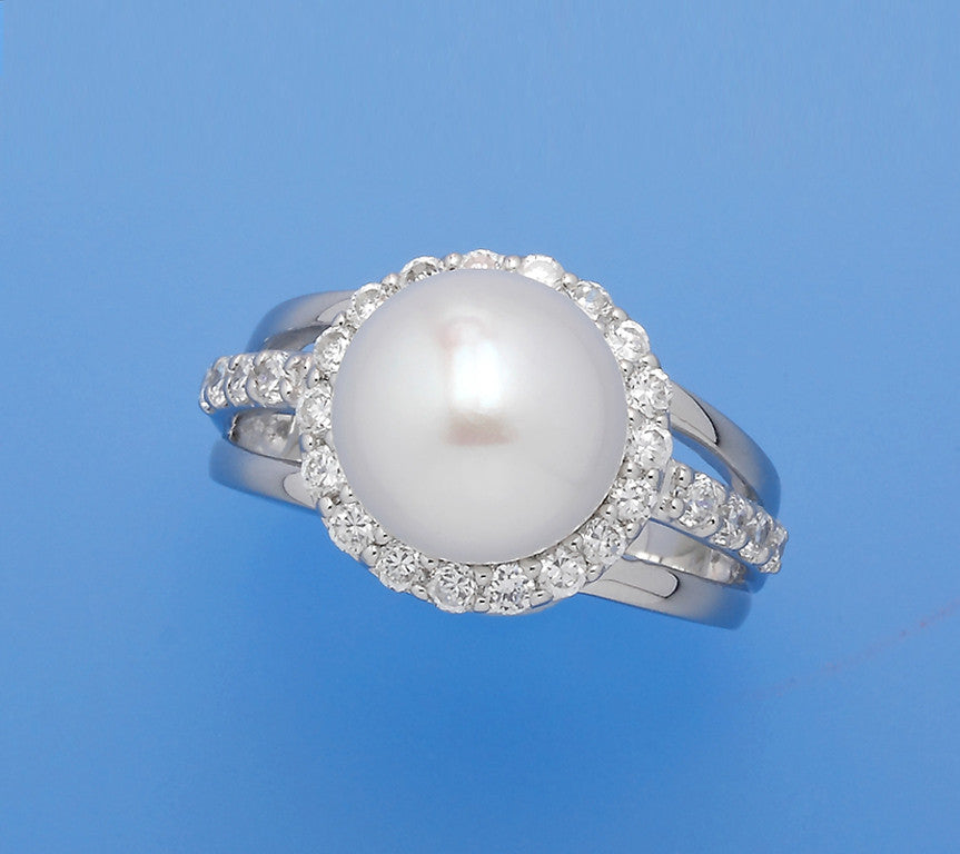 Sterling Silver Ring with 11-11.5mm Button Shape Freshwater Pearl and Cubic Zirconia - Wing Wo Hing Jewelry Group - Pearl Jewelry Manufacturer