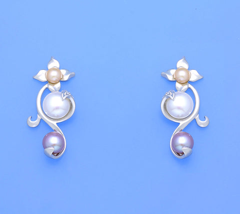 Sterling Silver Earrings with Button Shape Freshwater Pearl