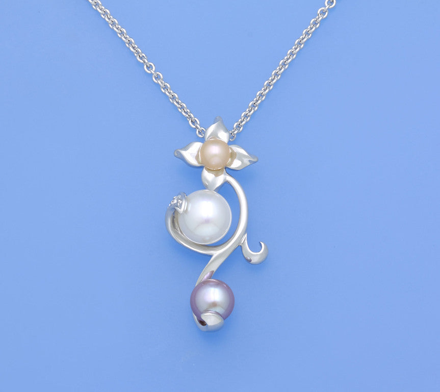 Sterling Silver Pendant with Button Shape Freshwater Pearl and Cubic Zirconia - Wing Wo Hing Jewelry Group - Pearl Jewelry Manufacturer