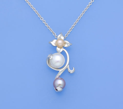 Sterling Silver Pendant with Button Shape Freshwater Pearl and Cubic Zirconia