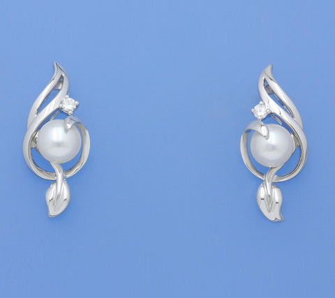 Sterling Silver Earrings with 8-8.5mm Button Shape Freshwater Pearl and Cubic Zirconia