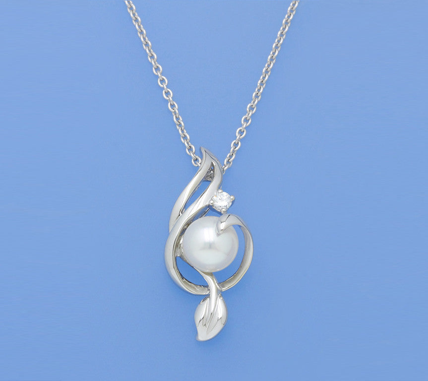 Sterling Silver Pendant with 8-8.5mm Button Shape Freshwater Pearl and Cubic Zirconia - Wing Wo Hing Jewelry Group - Pearl Jewelry Manufacturer