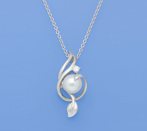 Sterling Silver Pendant with 8-8.5mm Button Shape Freshwater Pearl and Cubic Zirconia