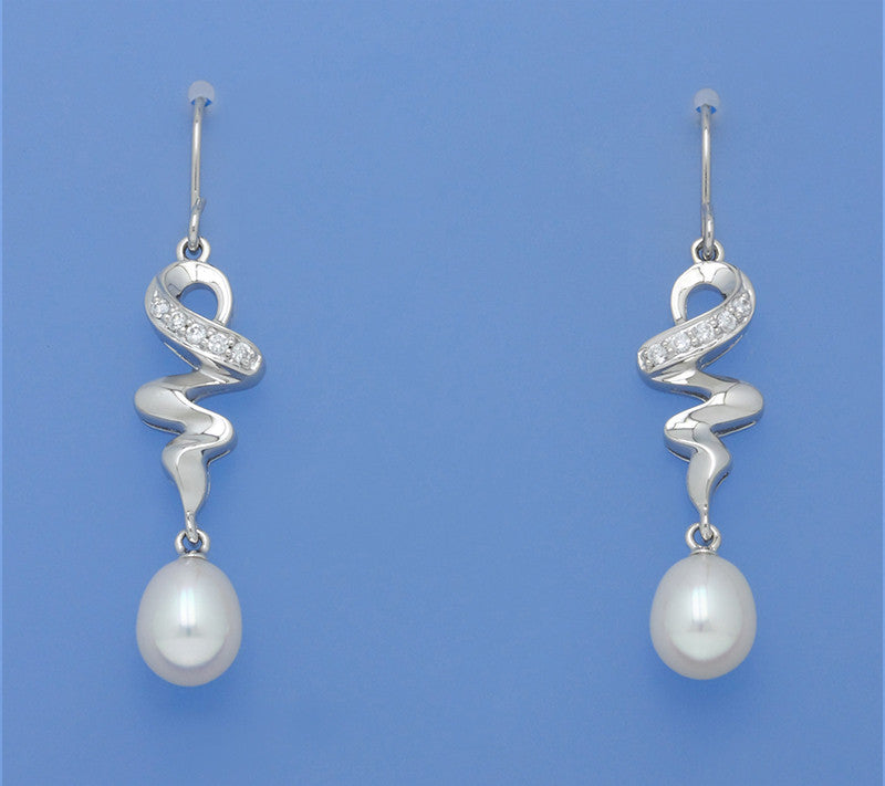Sterling Silver Earrings with 7.5-8mm Drop Shape Freshwater Pearl and Cubic Zirconnia - Wing Wo Hing Jewelry Group - Pearl Jewelry Manufacturer