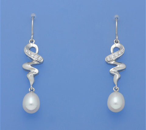 Sterling Silver Earrings with 7.5-8mm Drop Shape Freshwater Pearl and Cubic Zirconnia