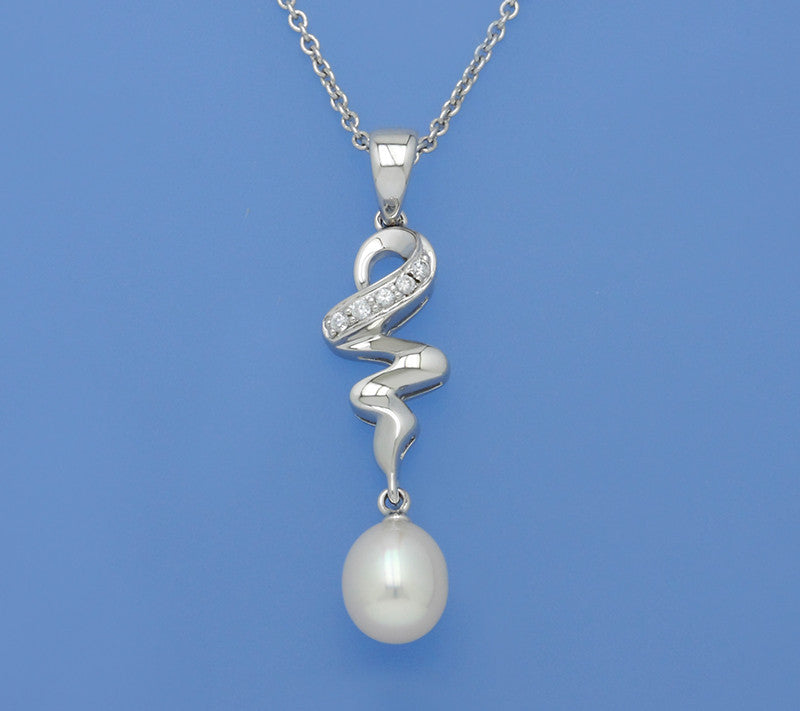 Sterling Silver Pendant with 7.5-8mm Drop Shape Freshwater Pearl and Cubic Zirconia - Wing Wo Hing Jewelry Group - Pearl Jewelry Manufacturer