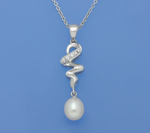 Sterling Silver Pendant with 7.5-8mm Drop Shape Freshwater Pearl and Cubic Zirconia