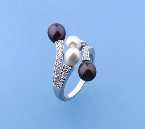 Sterling Silver Ring with Oval Shape Freshwater Pearl and Cubic Zirconia