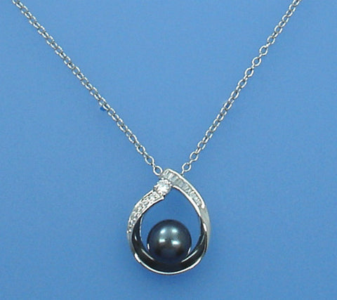 Sterling Silver Pendant with 9-9.5mm Button Shape Freshwater Pearl and Cubic Zirconia