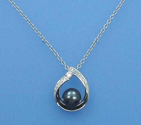 Sterling Silver Pendant with 11-11.5mm Button Shape Freshwater Pearl and Cubic Zirconia