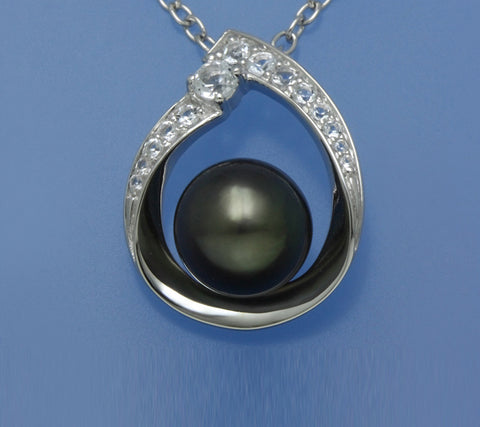 Sterling Silver Pendant with 9-9.5mm Tahitian Pearl and Cubic Zirconia