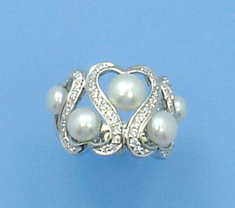 Sterling Silver Ring with 5-7.5mm Button Shape Freshwater Pearl and Cubic Zirconia - Wing Wo Hing Jewelry Group - Pearl Jewelry Manufacturer
